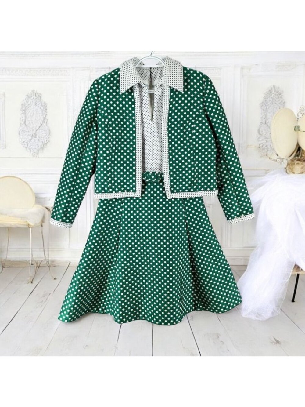 Vtg Saks Fifth Avenue Dress 14-16 w Matching Jacket Green White Polka Dot Sleeve